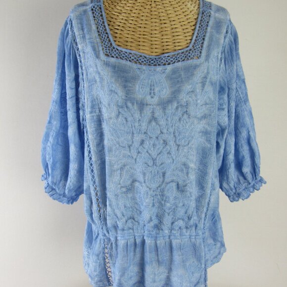 New Democracy Womens Plus 1X Blue Embroidered SS 100% Cotton Peasant Shirt NWT - Picture 1 of 11